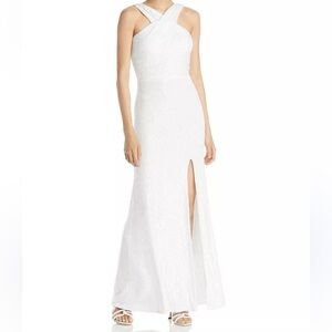 AQUA ivory white sequined cross front halter‎ Elegant Evening Gown long dress 16